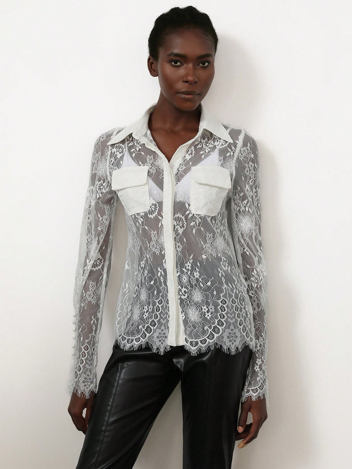 Aveloria Modichic Elegant Sheer Lace Shirt With Chest Pocket And Collar, Long Sleeve Blouse For Women, Spring