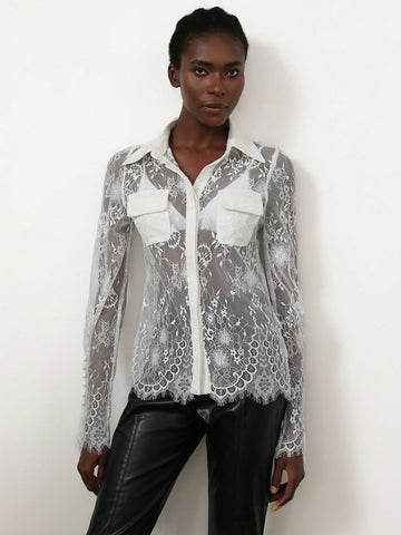 Aveloria Modichic Elegant Sheer Lace Shirt With Chest Pocket And Collar, Long Sleeve Blouse For Women, Spring