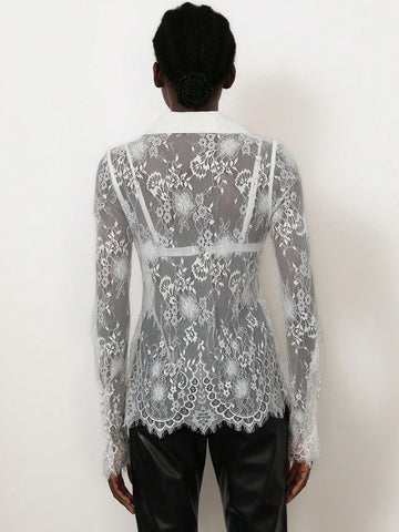 Aveloria Modichic Elegant Sheer Lace Shirt With Chest Pocket And Collar, Long Sleeve Blouse For Women, Spring