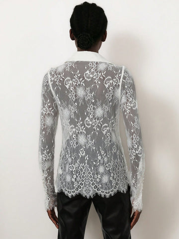 Aveloria Modichic Elegant Sheer Lace Shirt With Chest Pocket And Collar, Long Sleeve Blouse For Women, Spring