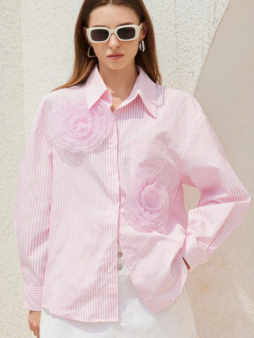 Aveloria Modichic Elegant Striped 3D Floral Decor Long Sleeve Shirt