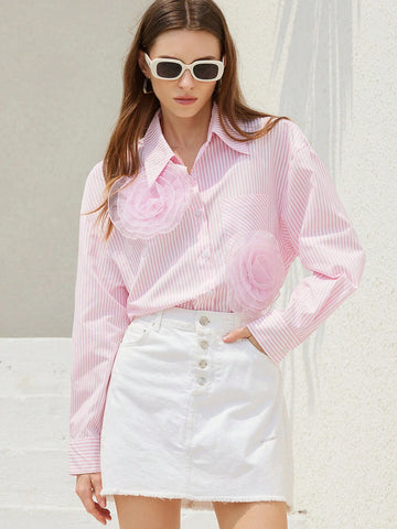 Aveloria Modichic Elegant Striped 3D Floral Decor Long Sleeve Shirt