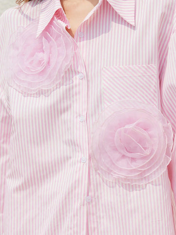 Aveloria Modichic Elegant Striped 3D Floral Decor Long Sleeve Shirt