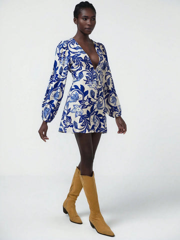 Aveloria Modichic Elegant V-Neck Single Breasted Bamboo Knot Decor Blue Floral Print White Base Slim Fit Short Casual Dress For Women