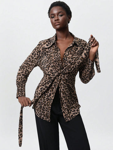 Modichic Elegant Vintage Leopard Print Cross-Laced Design Slim-Fit Versatile Women Long Sleeve Shirt