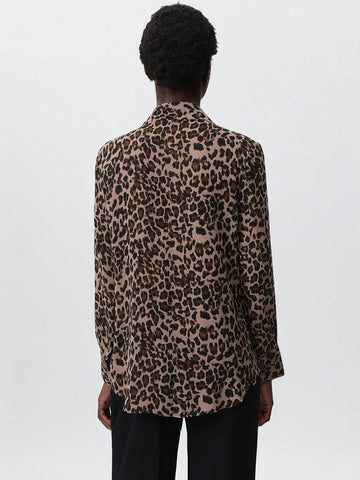 Modichic Elegant Vintage Leopard Print Cross-Laced Design Slim-Fit Versatile Women Long Sleeve Shirt