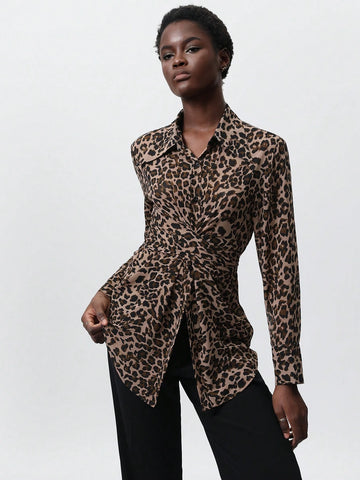 Modichic Elegant Vintage Leopard Print Cross-Laced Design Slim-Fit Versatile Women Long Sleeve Shirt