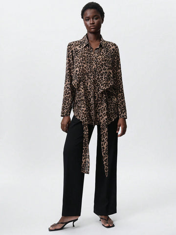 Modichic Elegant Vintage Leopard Print Cross-Laced Design Slim-Fit Versatile Women Long Sleeve Shirt