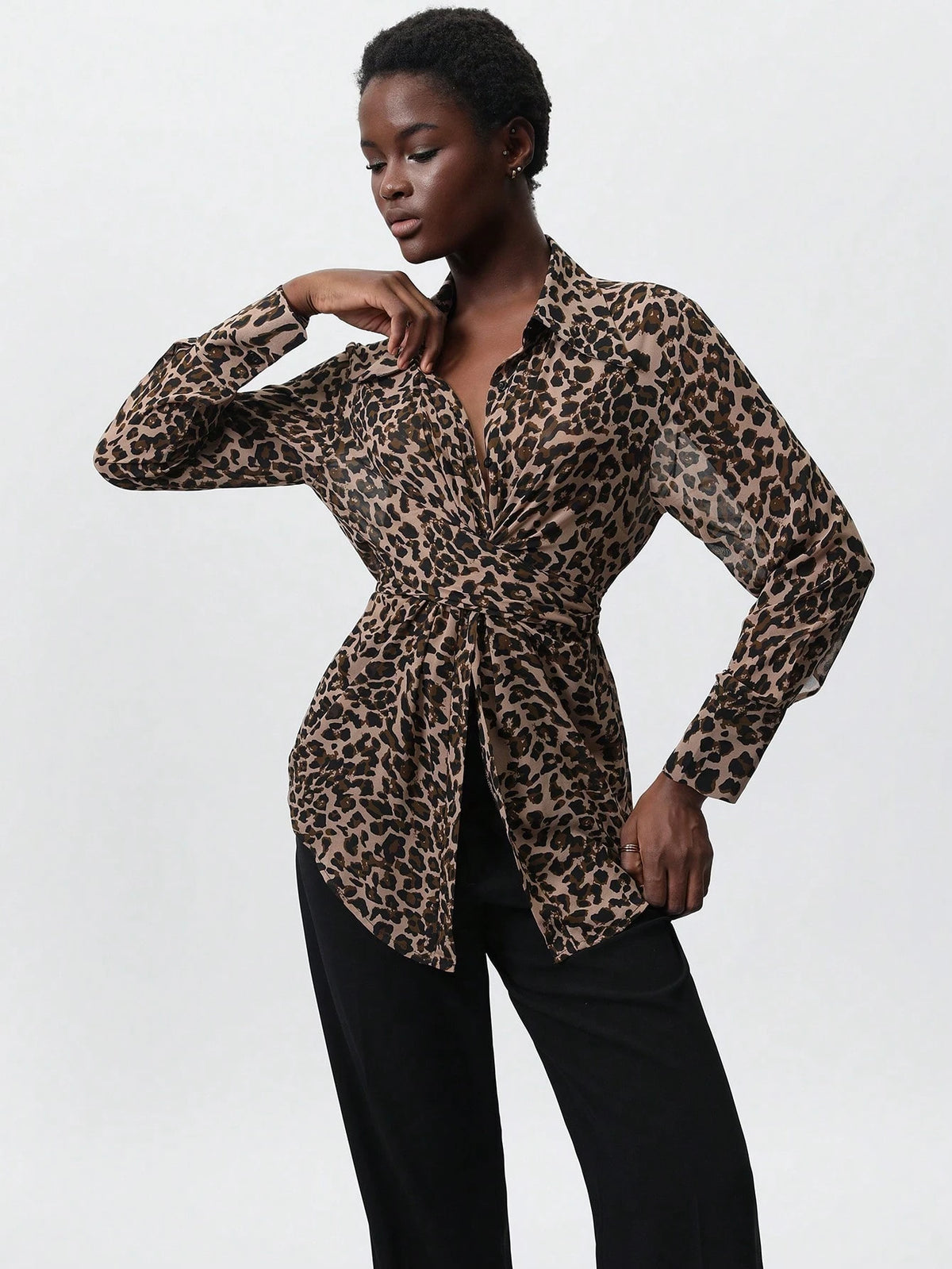 Modichic Elegant Vintage Leopard Print Cross-Laced Design Slim-Fit Versatile Women Long Sleeve Shirt