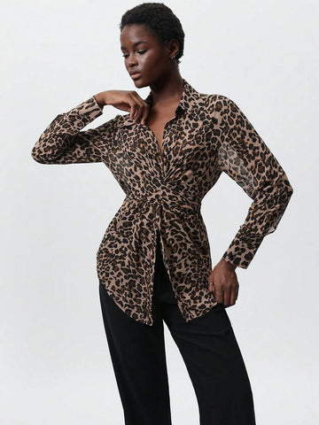 Modichic Elegant Vintage Leopard Print Cross-Laced Design Slim-Fit Versatile Women Long Sleeve Shirt