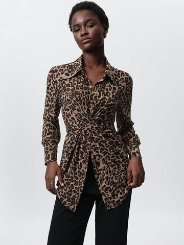 Modichic Elegant Vintage Leopard Print Cross-Laced Design Slim-Fit Versatile Women Long Sleeve Shirt