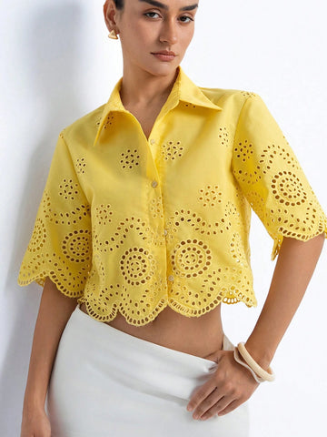 Aveloria Modichic Elegant Vintage Style Casual Round Neck Embroidered Hollow Lace Trim Loose Fit Women Short Blouse