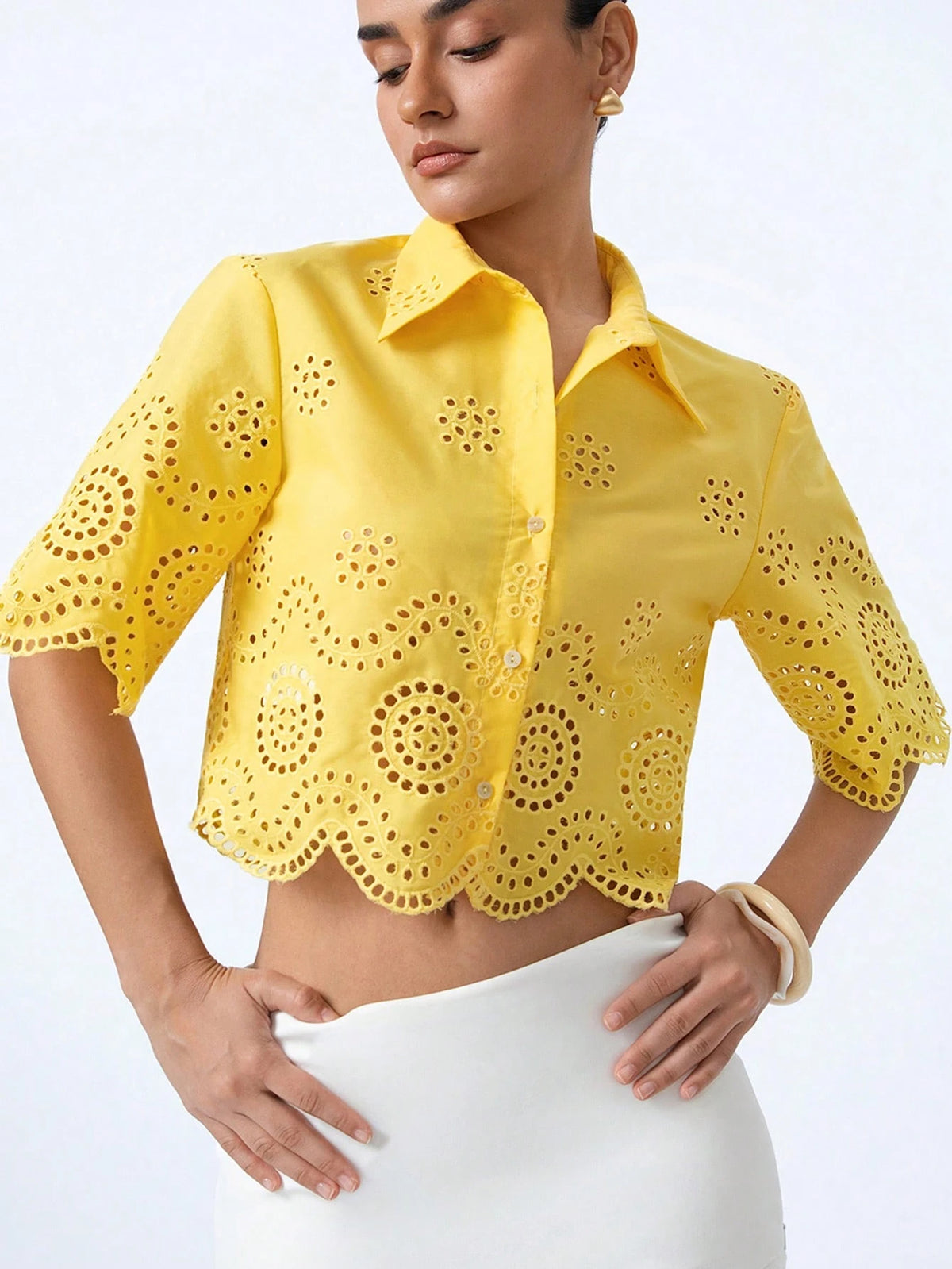 Aveloria Modichic Elegant Vintage Style Casual Round Neck Embroidered Hollow Lace Trim Loose Fit Women Short Blouse