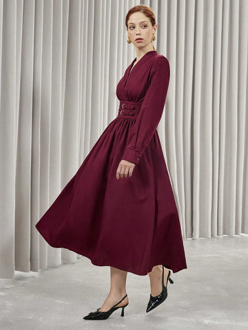 Aveloria Modichic Fashionable Women A-Line Midi Dress With Waistline, Elegant & Graceful, Autumn/Winter