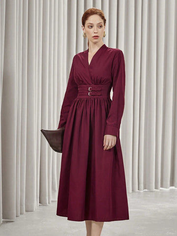 Aveloria Modichic Fashionable Women A-Line Midi Dress With Waistline, Elegant & Graceful, Autumn/Winter