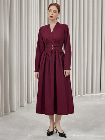 Aveloria Modichic Fashionable Women A-Line Midi Dress With Waistline, Elegant & Graceful, Autumn/Winter