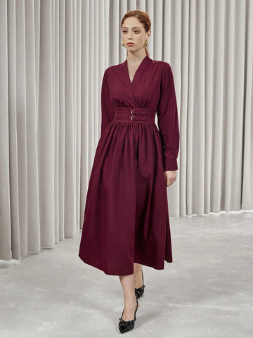 Aveloria Modichic Fashionable Women A-Line Midi Dress With Waistline, Elegant & Graceful, Autumn/Winter