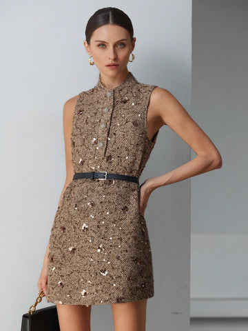 Aveloria Modichic Fashionable & Elegant Sequin Decor Textured Sleeveless Mini Dress