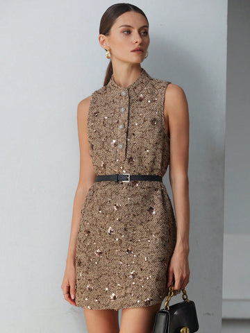 Aveloria Modichic Fashionable & Elegant Sequin Decor Textured Sleeveless Mini Dress