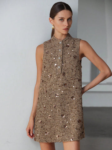 Aveloria Modichic Fashionable & Elegant Sequin Decor Textured Sleeveless Mini Dress