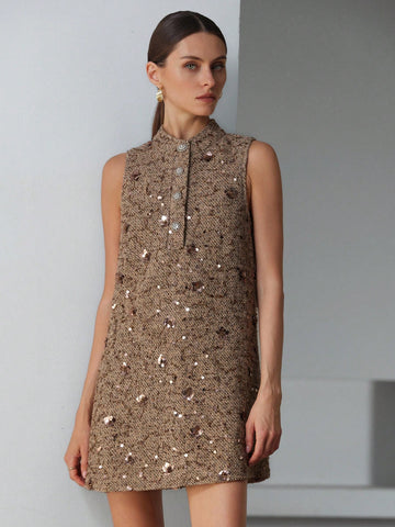 Aveloria Modichic Fashionable & Elegant Sequin Decor Textured Sleeveless Mini Dress