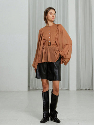 French Elegant Chiffon Tone On Tone Striped Print Round Neck Sheer Fabric Waist Tie Women Long Sleeve Shirt