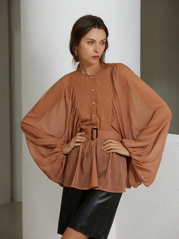 French Elegant Chiffon Tone On Tone Striped Print Round Neck Sheer Fabric Waist Tie Women Long Sleeve Shirt