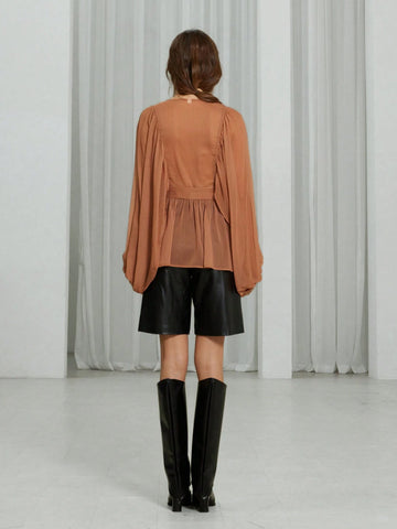 French Elegant Chiffon Tone On Tone Striped Print Round Neck Sheer Fabric Waist Tie Women Long Sleeve Shirt