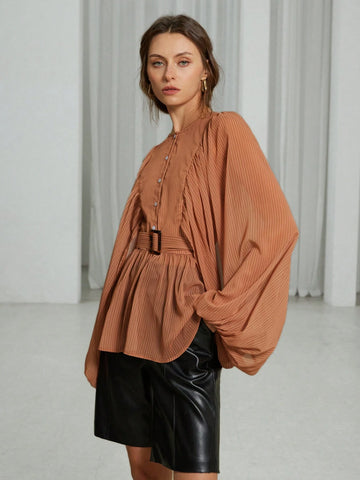 French Elegant Chiffon Tone On Tone Striped Print Round Neck Sheer Fabric Waist Tie Women Long Sleeve Shirt