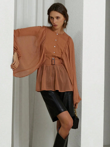 French Elegant Chiffon Tone On Tone Striped Print Round Neck Sheer Fabric Waist Tie Women Long Sleeve Shirt