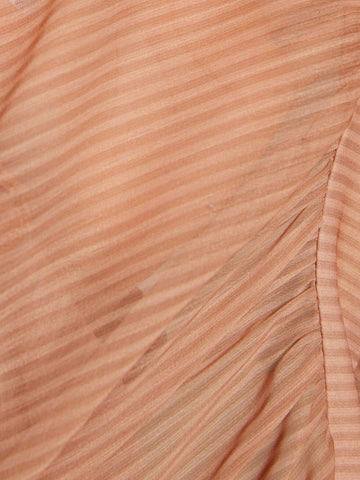 French Elegant Chiffon Tone On Tone Striped Print Round Neck Sheer Fabric Waist Tie Women Long Sleeve Shirt