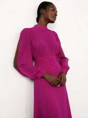 Aveloria Modichic French Elegant Elegant Stand Collar Pleated Long Sleeve Chiffon Flowy Dress For Women