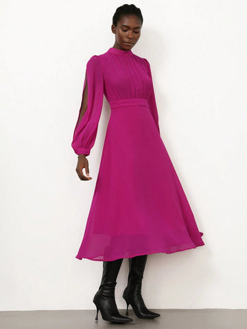 Aveloria Modichic French Elegant Elegant Stand Collar Pleated Long Sleeve Chiffon Flowy Dress For Women