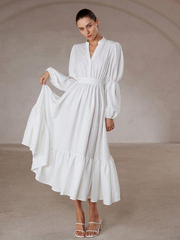 Aveloria Modichic French Elegant Romantic High-End Commute Minimalist Loose V-Neck Small Stand Collar Lantern Sleeve Waist Ruffle Hem Patchwork Ruffled Hem Dress For Women