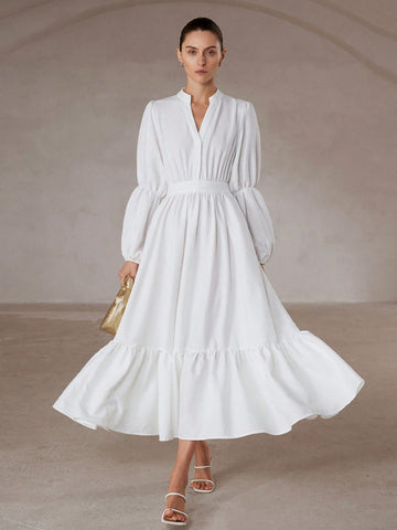 Aveloria Modichic French Elegant Romantic High-End Commute Minimalist Loose V-Neck Small Stand Collar Lantern Sleeve Waist Ruffle Hem Patchwork Ruffled Hem Dress For Women