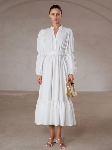 Aveloria Modichic French Elegant Romantic High-End Commute Minimalist Loose V-Neck Small Stand Collar Lantern Sleeve Waist Ruffle Hem Patchwork Ruffled Hem Dress For Women