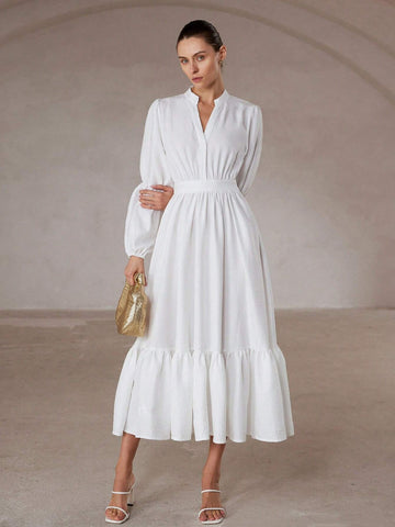 Aveloria Modichic French Elegant Romantic High-End Commute Minimalist Loose V-Neck Small Stand Collar Lantern Sleeve Waist Ruffle Hem Patchwork Ruffled Hem Dress For Women