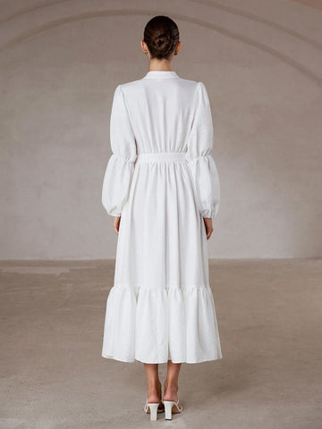 Aveloria Modichic French Elegant Romantic High-End Commute Minimalist Loose V-Neck Small Stand Collar Lantern Sleeve Waist Ruffle Hem Patchwork Ruffled Hem Dress For Women