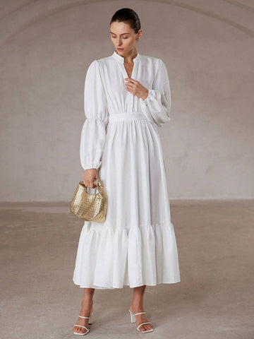 Aveloria Modichic French Elegant Romantic High-End Commute Minimalist Loose V-Neck Small Stand Collar Lantern Sleeve Waist Ruffle Hem Patchwork Ruffled Hem Dress For Women