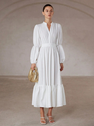 Aveloria Modichic French Elegant Romantic High-End Commute Minimalist Loose V-Neck Small Stand Collar Lantern Sleeve Waist Ruffle Hem Patchwork Ruffled Hem Dress For Women