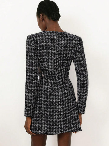 Aveloria Modichic French Elegant Tweed Fashion Versatile Round Neck Waist Hollow Out Waist Long Sleeve Short Women Dress