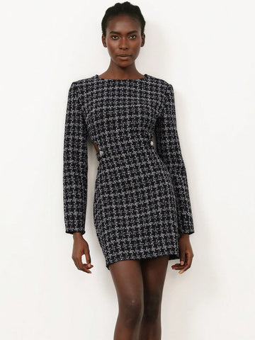 Aveloria Modichic French Elegant Tweed Fashion Versatile Round Neck Waist Hollow Out Waist Long Sleeve Short Women Dress