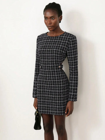 Aveloria Modichic French Elegant Tweed Fashion Versatile Round Neck Waist Hollow Out Waist Long Sleeve Short Women Dress