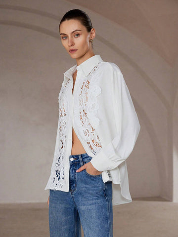 Modichic French Elegant & Versatile Commute Floral Applique Long Sleeve Button-Up Shirt