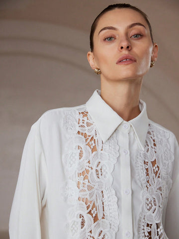 Modichic French Elegant & Versatile Commute Floral Applique Long Sleeve Button-Up Shirt