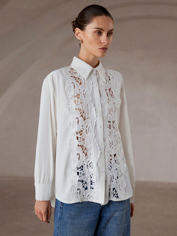 Modichic French Elegant & Versatile Commute Floral Applique Long Sleeve Button-Up Shirt