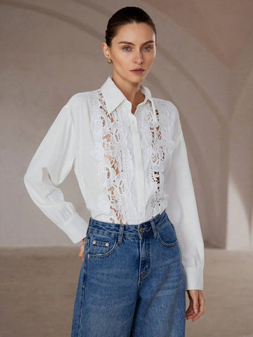 Modichic French Elegant & Versatile Commute Floral Applique Long Sleeve Button-Up Shirt