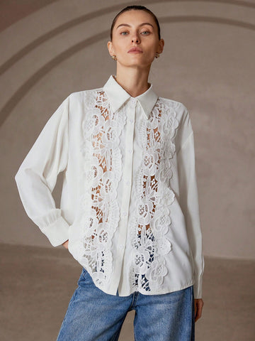 Modichic French Elegant & Versatile Commute Floral Applique Long Sleeve Button-Up Shirt