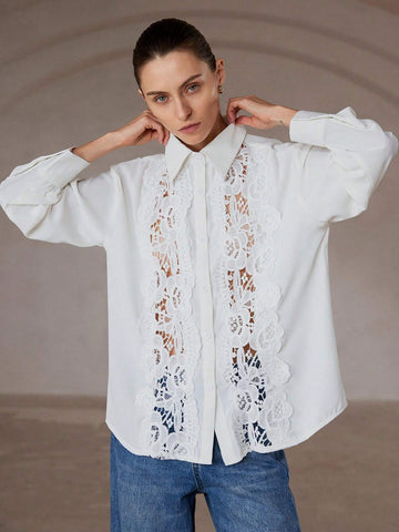 Modichic French Elegant & Versatile Commute Floral Applique Long Sleeve Button-Up Shirt