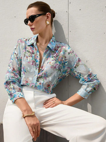Aveloria Modichic French Romantic Floral 3D Print Lapel Collar Sheer Long Sleeve Shirt For Women